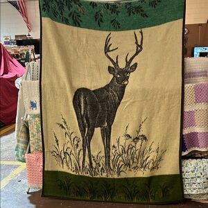 Vintage BIEDERLACK Blanket Reversible Excel Cond deer in Woods 53” X 75” Rustic